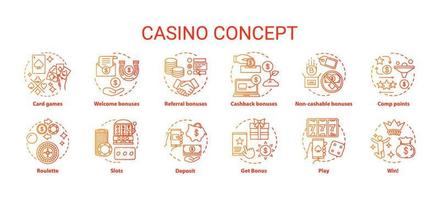 Casino concept icons set. Online games of chance and bonuses idea thin line illustrations. Slot machines, card games, roulette. Gambling. Vector isolated outline drawings pack