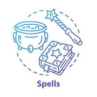 Spells concept icon. Witchcraft and wizardry idea thin line illustration. Wizard, magician equipment, mystic accessories. Witch cauldron, magic wand and spell book vector isolated outline drawing