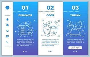 Cooking food onboarding mobile web pages vector template. Discover recipes, meal preparation, yummy. Responsive smartphone website interface idea with illustrations. Webpage walkthrough step screens