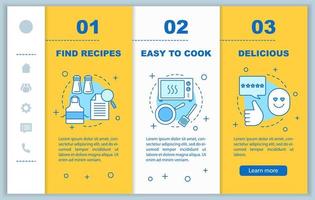 Food cooking onboarding mobile web pages vector template. Find recipes, meal preparation, delicious dish. Responsive smartphone website interface. Webpage walkthrough step screens. Color concept