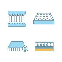Orthopedic mattress color icons set. Waterproof, water mattress, memory foam filler. Isolated vector illustrations