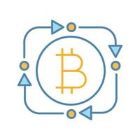 Bitcoin exchange color icon. Digital currency transaction. Circle arrows with bitcoin inside. Refund cryptocurrency contour symbol. Fintech and big data. Isolated vector illustration