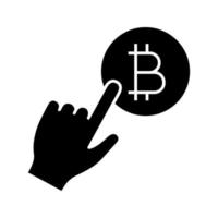 Bitcoin payment button glyph icon. Pay with bitcoin. Cryptocurrency transaction click. Silhouette symbol. Hand pressing button. E-payment. Negative space. Vector isolated illustration