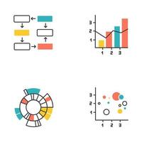 Chart and graph color icons set. Data connection and wiring. Process steps, progress stages. Mixed chart. Sunburst radial diagram. Scatter bubble chart. Business. Isolated vector illustrations