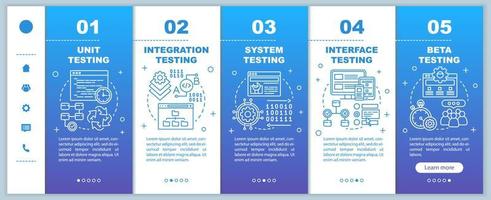 Functional software testing blue onboarding mobile web pages vector template. Responsive smartphone website interface idea with linear illustrations. Webpage walkthrough step screens. Color concept