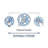 Physical puzzles concept icon. Interactive game idea thin line illustration. Touching and moving objects, pushing buttons. Problem solution. Vector isolated outline drawing. Editable stroke