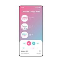 plantilla de vector de interfaz de teléfono inteligente de radio lounge. diseño moderno de la página de la aplicación del reproductor de música móvil. lista de reproducción de audio, pantalla de escucha de álbumes. interfaz de usuario plana para la aplicación. pantalla del teléfono