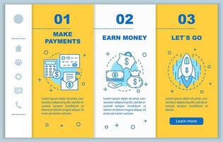 Business development onboarding mobile web pages vector template. Responsive smartphone website interface.Financial services. Make payment, earn money, startup launch. Webpage walkthrough step screens