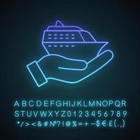 Cruise service neon light icon. Hand holding cruise ship. Shore excursion, tours and travel agency. Voyage, trip planning. Glowing sign with alphabet, numbers and symbols. Vector isolated illustration