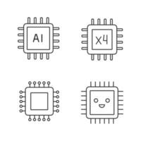 Processors linear icons set. Chip, integrated circuit for ai system, smiling microprocessor, quad core processor. Thin line contour symbols. Isolated vector outline illustrations. Editable stroke
