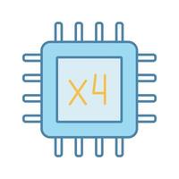 Quad core processor color icon. Four core microprocessor. Microchip, chipset. CPU. Central processing unit. Computer, phone multi core processor. Integrated circuit. Isolated vector illustration