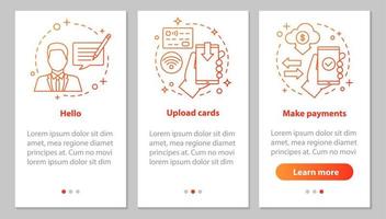 pantalla de la página de la aplicación móvil de incorporación de banca móvil con conceptos lineales. chat de soporte, carga de tarjetas de crédito, pasos de pago, instrucciones gráficas. ux, ui, plantilla vectorial gui con ilustraciones vector