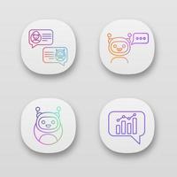 Chatbots app icons set. UI UX user interface. Virtual assistants. Graph and chat bots. Modern robots. Smartphone chatterbots. Web or mobile applications. Vector isolated illustrations