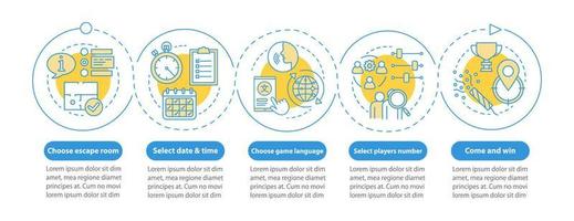 plantilla de infografía vectorial de reserva de sala de escape. elige la fecha de la misión, la hora. elementos de diseño de presentación. visualización de datos con cinco pasos. gráfico de línea de tiempo del proceso. diseño de flujo de trabajo con iconos lineales vector