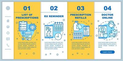 farmacia en línea, plantilla vectorial de páginas web móviles de incorporación de servicios. idea de interfaz de sitio web de teléfono inteligente sensible con ilustraciones lineales. pantallas de pasos del tutorial de la página web. concepto de color vector