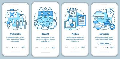 Public protest onboarding mobile app page screen with linear concepts. Boycott and social demonstration walkthrough steps graphic instructions. UX, UI, GUI vector template with illustrations