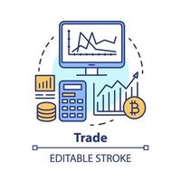 icono del concepto de comercio. ilustración de línea delgada de idea de inversión y mercado de valores. comercio de bitcoins. intercambio de criptomonedas. análisis de transacciones financieras. dibujo de contorno aislado vectorial. trazo editable vector