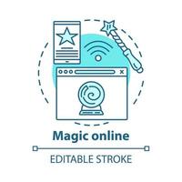 Magic online concept icon. Modern sorcery idea thin line illustration. Internet esoterics, fortune telling service. Wizard wand and crystal ball vector isolated outline drawing. Editable stroke