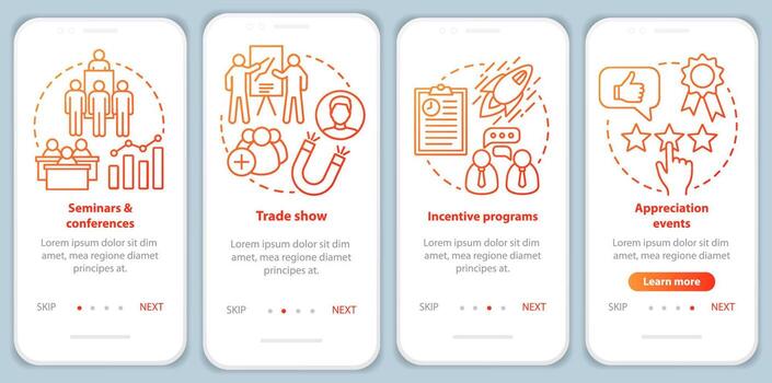 Corporate event management onboarding mobile app page screen with linear concepts. Seminars, conferences, incentive programs, appreciation events walkthrough instructions. UX, UI, GUI vector template