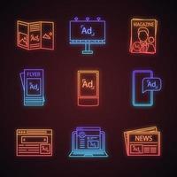 Advertising channels neon light icons set. Flyer, billboard, magazine, brochure, street lightbox, mobile, internet marketing, blogging, newspaper. Glowing signs. Vector isolated illustrations