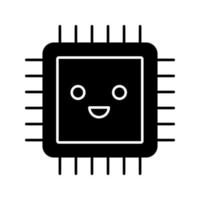 Smiling processor glyph icon. Well working microprocessor. Chip, microchip, chipset in good quality. CPU. Central processing unit. Integrated circuit. Silhouette symbol. Vector isolated illustration