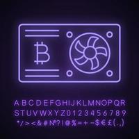 Bitcoin mining graphic card neon light icon. Video card for crypto business. Cryptocurrency gpu mining farm. Glowing sign with alphabet, numbers and symbols. Vector isolated illustration