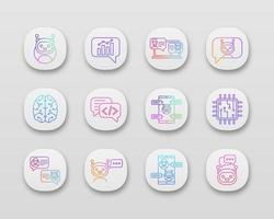 Chatbots app icons set. UI UX user interface. Chat bots. Talkbots. Virtual assistants. Support, chat, code, messenger bots. Online helpers. Web or mobile applications. Vector isolated illustrations