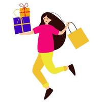 Woman on a shopping trip with a shopping bag and gifts. Vector illustration.