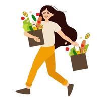 Woman at grocery store. Shopping concept. Cartoon young female making purchases. Isolated cute girl carrying bags with food products. Vector character buys fruit and vegetables in greengrocer shop