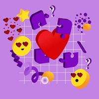 Abstract colorful background with geometric elements on the theme of love and Valentine's day with emoticons and hearts. Vector illustration for banner, website and your design