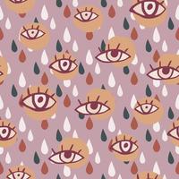 Multicolor hand drawn seamless pattern with eyes and drops. Light purple backgrouns with colorful drops, beige circles and maroon contoured eye ornament. vector