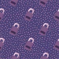 Lock door silhouettes seamless doodle pattern. Stylized security graphic ornament in purple color on navy blue dotted background. vector