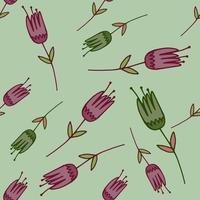 Random seamless pale pattern with contoured tulip flowers shapes in green and purple colors. Light pastel background. vector