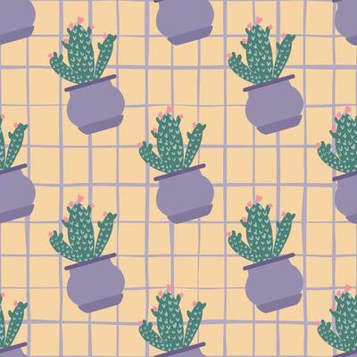Hand drawn cactus in pot seamless pattern on stripes background. Houseplant cacti wallpaper.