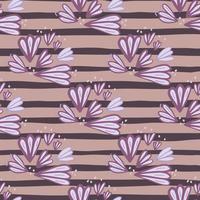 Seamless pattern with blue light flower figures. Purple contoured ornament on beige and brown stripped background. vector