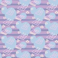 Soft pastel palette seamless hand drawn pattern with crowns and hearts. Light outline elements on purple stripped background with blue splashes. vector