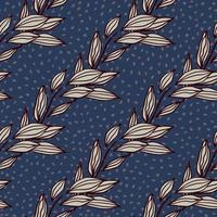 Foliage outline abstract seamless pattern. Purple contoured botanic ornament on navy blue background with dots. vector