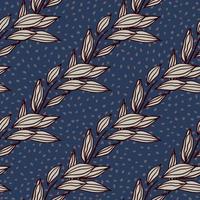 Foliage outline abstract seamless pattern. Purple contoured botanic ornament on navy blue background with dots. vector