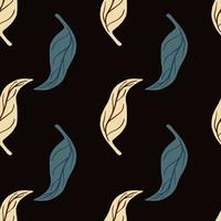 Contrast seamless pattern with natural blue and beige tangerine leaves shapes. Black background. vector
