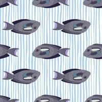 Abstract animal ocean seamless pattern with simple purple surgeon fish elements. White and blue striped background. vector