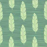 Foliage seamless pattern with light green leaf silhouettes ornament. Green striped background. Simple style. vector