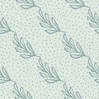 Floral seamless pattern with outline leaf branches shapes. Light blue dotted background. Hand drawn style. vector