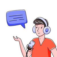 A young man in headphones is recording a podcast. Broadcasting concept. Vector hand drawn illustration