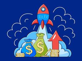 Income growth concept. The rocket flies up, coins and bags of money. Vector hand drawn illustration. Doodle style