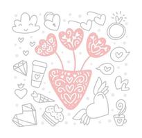 elementos vectoriales de garabatos vintage y jarrón con flores en el centro para el día de san valentín. corazón de amor dibujado a mano, diamante, anillo, pastel, taza. tarjeta de felicitación de cita de ilustración romántica vector