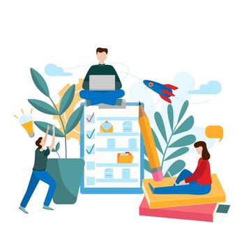 Conceptual flat vector illustration Teamwork project. Tiny people search for new solutions.