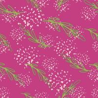 Abstract nature seamless pattern with random green branches ornament. Pink background with splashes. vector