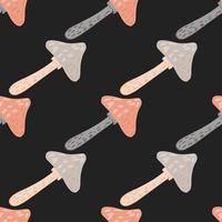 Contrast seamless doodle pattern with red and purple light mushroom silhouettes. Black background. vector