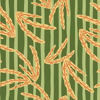 Botany aquatic seamless pattern with random orange seaweed silhouettes ornament. Green striped background. vector