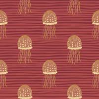 Orange jellyfish silhouettes seamless pattern. Stripped background. Hand drawn planktone abstract artwork. vector